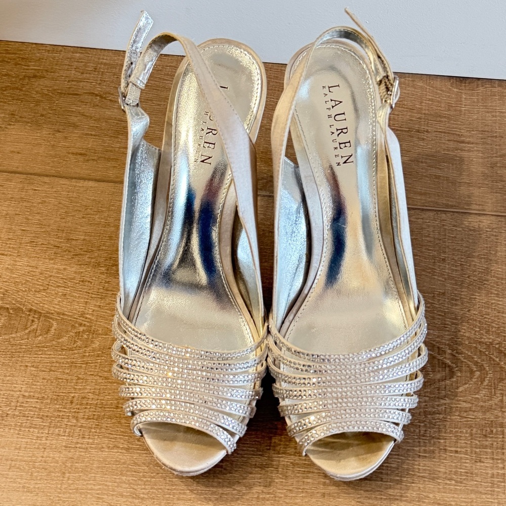 Lauren Ralph Lauren Silver Rhinestone Stilettos Slingback Women 8.5 Shoe Read‎